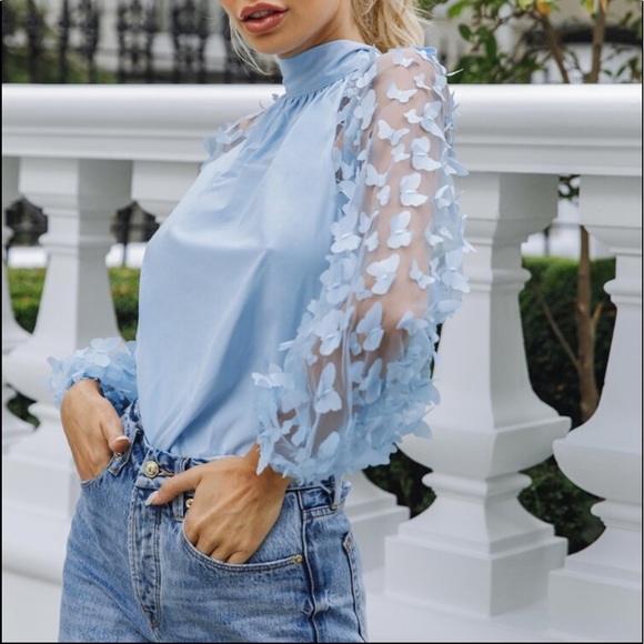 Boho Butterfly Applique Sheer Mesh Sleeve Tie Back Blouse Blue - Picture 5 of 5